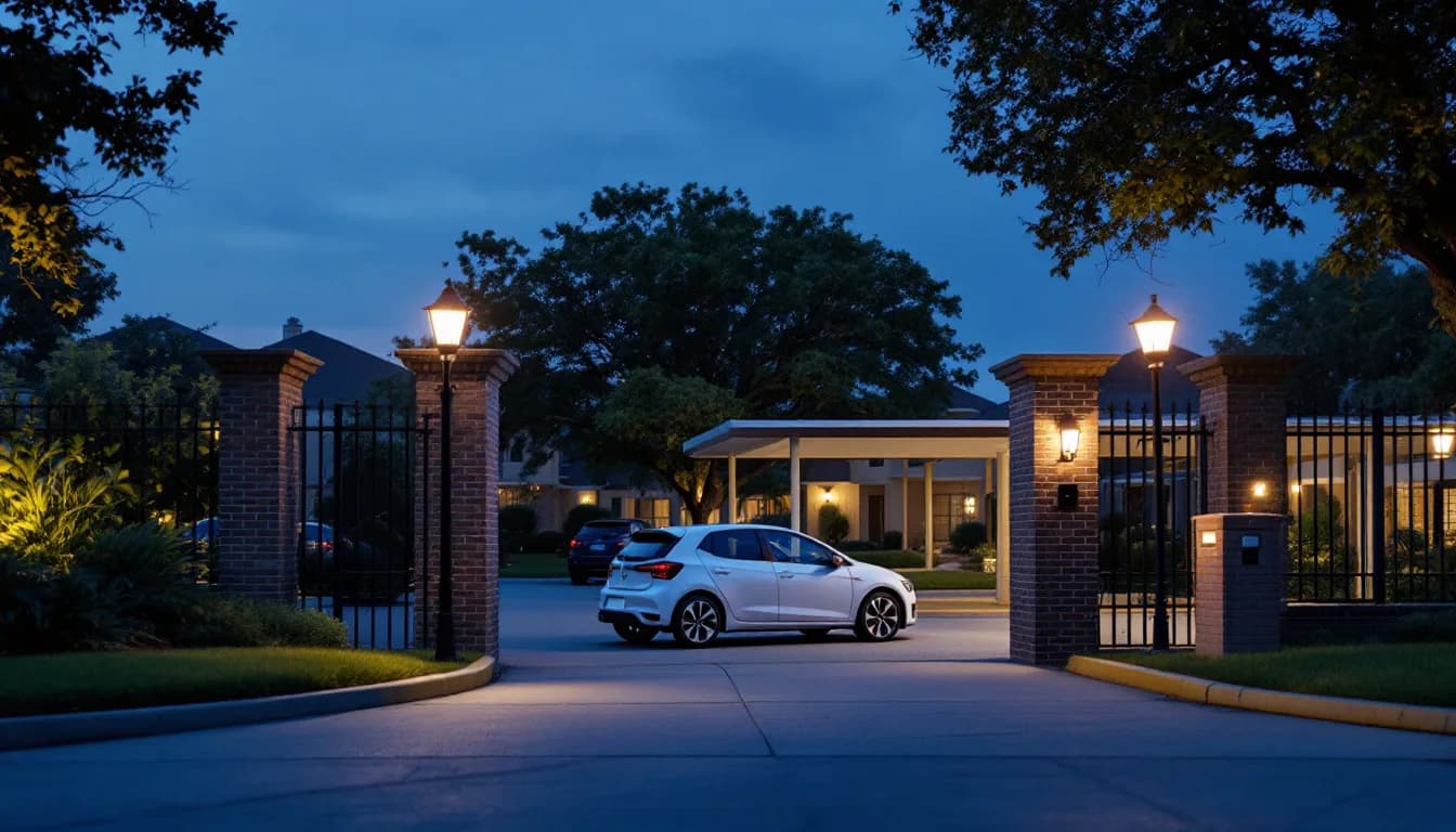 Mobile locksmith unlocking a car in a gated apartment parking lot in Irving TX at dusk