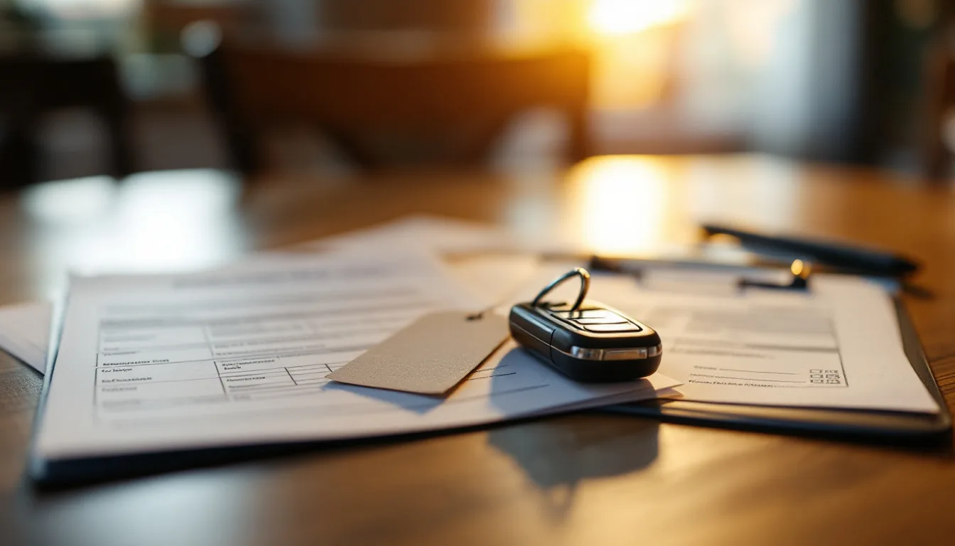 Single used-car key and fob on a purchase paperwork folder in Irving TX with a locksmith programming tool nearby