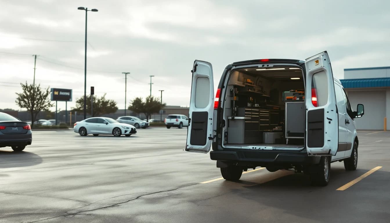 Mobile automotive locksmith van programming a car key in a Grand Prairie TX parking lot