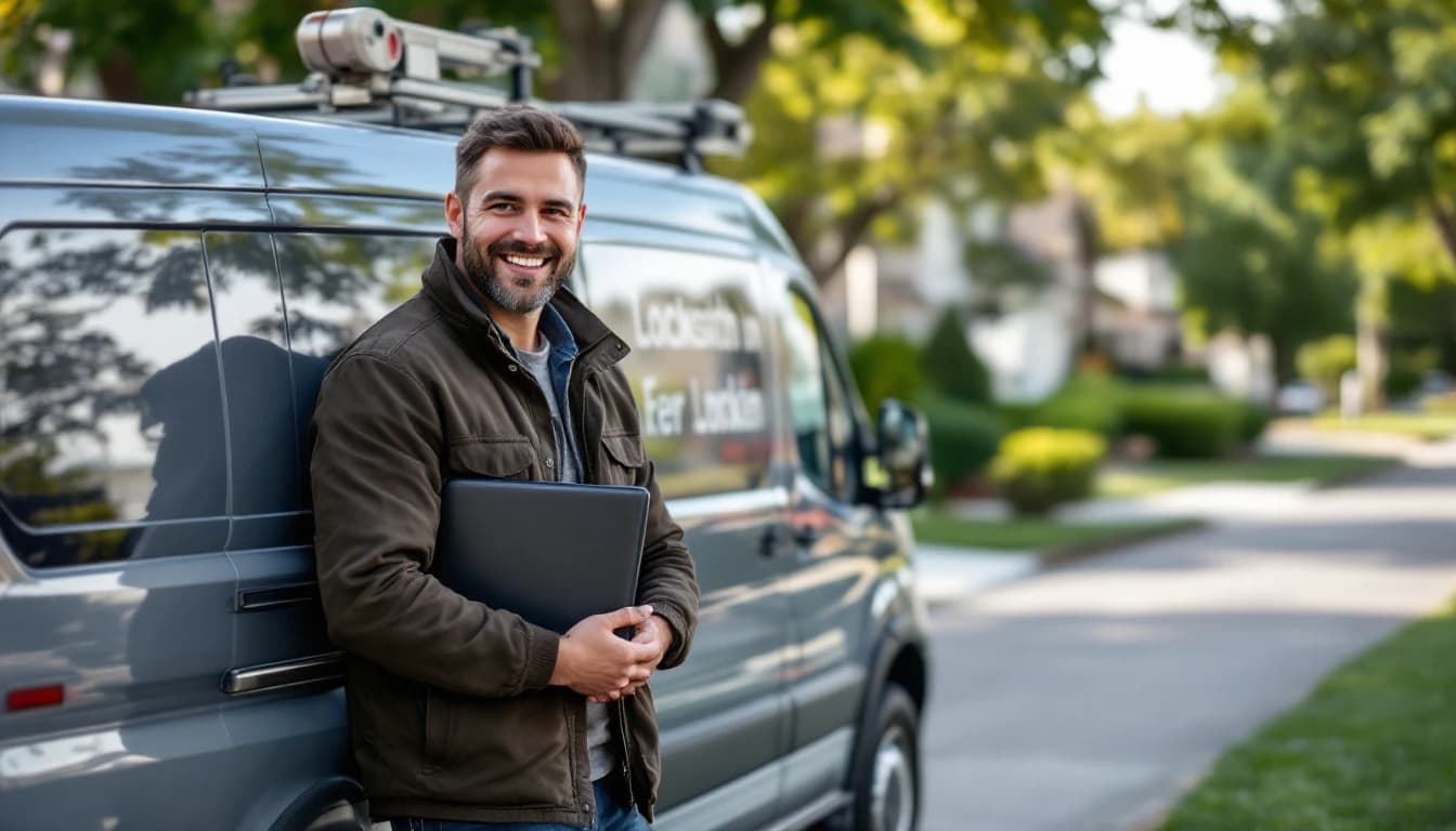 Mobile automotive locksmith programming a car key with a diagnostic tablet in an Irving TX driveway
