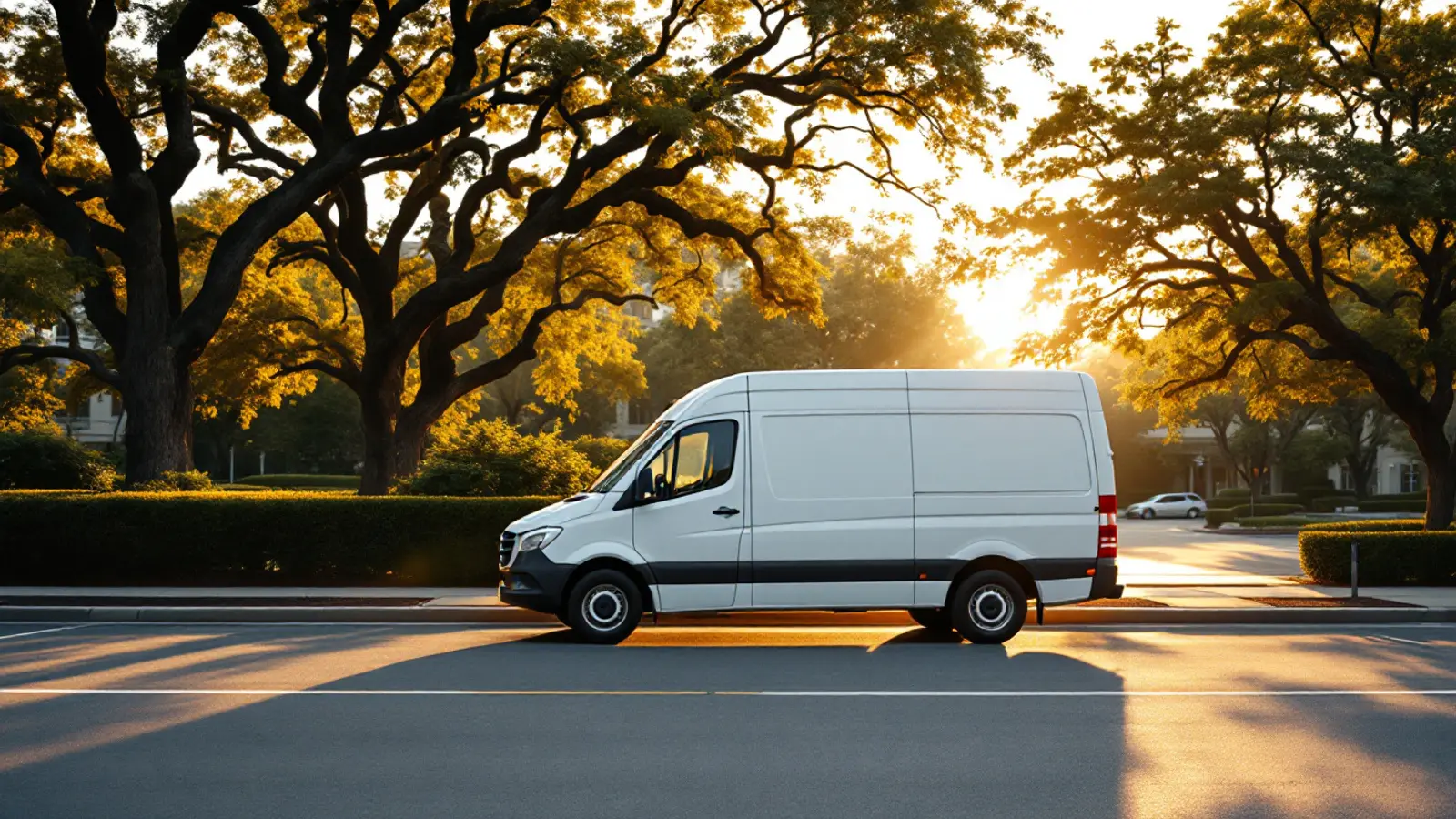 Mobile automotive locksmith van parked beside a sedan in a Farmers Branch office park at golden hour