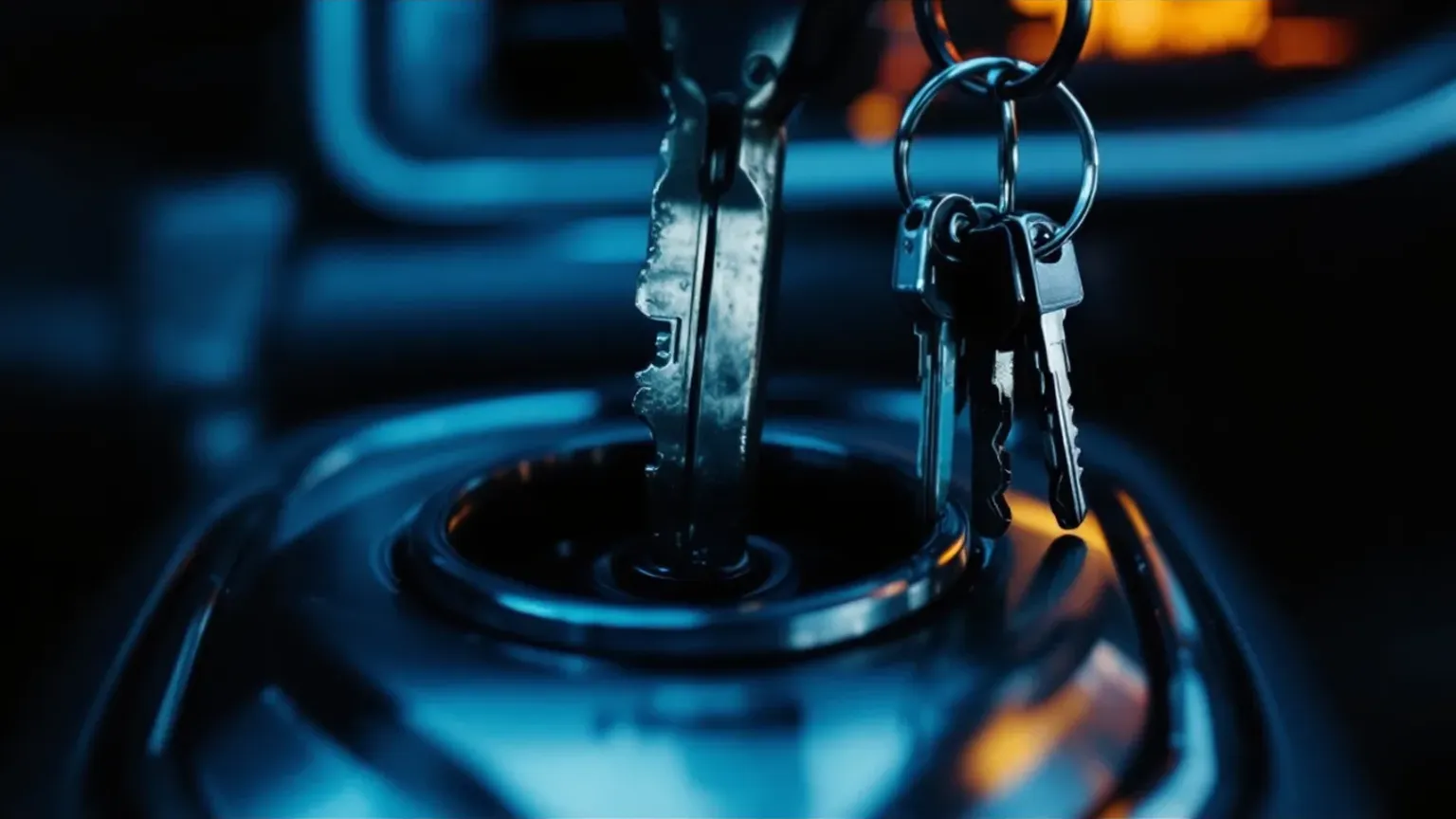A worn metal car key with a heavy keyring hanging from a steering column ignition in a dim car interior
