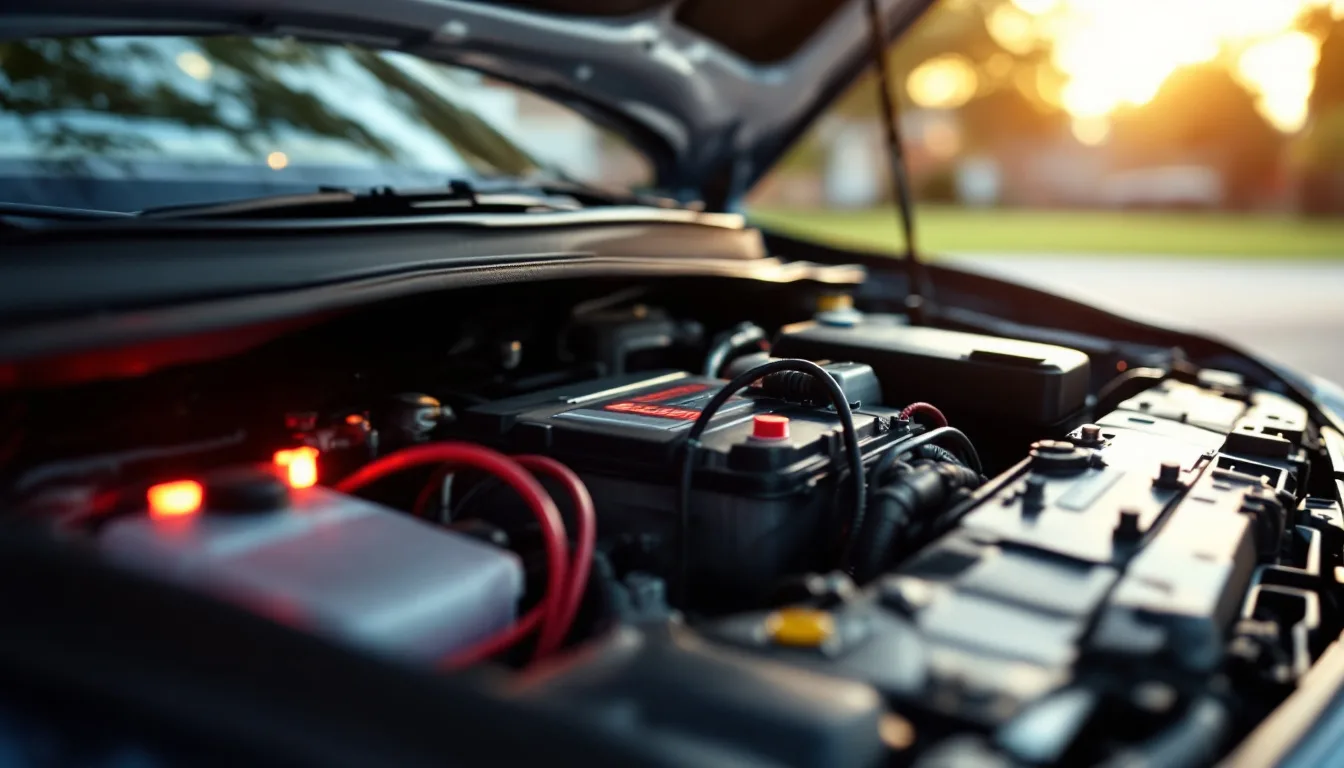 New 12V car battery installed in an engine bay with a flashing security warning on the dash in Irving TX