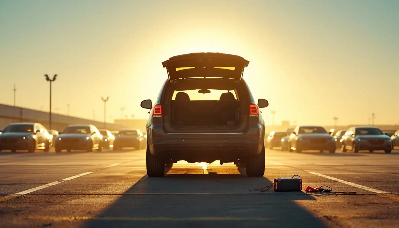 Driver troubleshooting a car that will not start in a DFW long-term parking garage near Irving TX