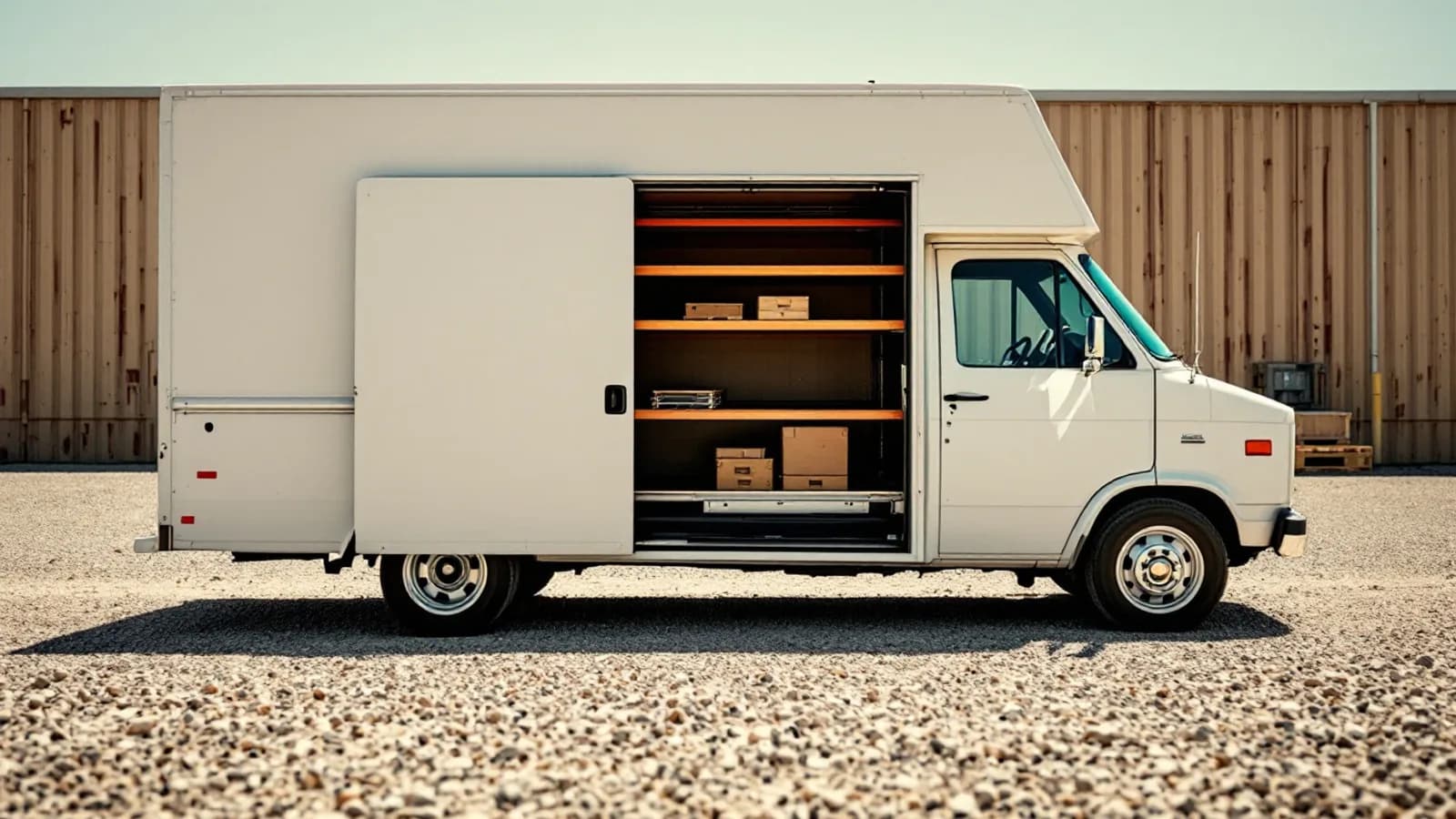 Boxy white full-size work van on a gravel contractor yard in Irving TX with the side door open showing empty shelving