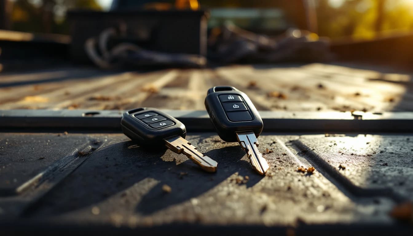 Mobile locksmith cutting and programming a spare GMC Sierra flip key at a work site near Irving TX