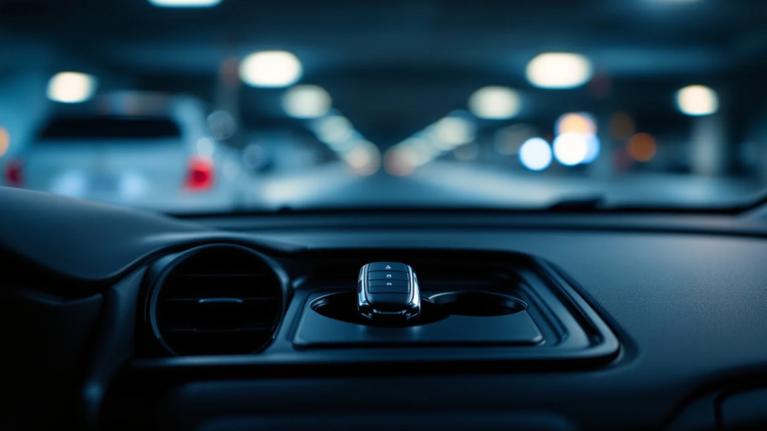 Driver holding a key fob against the start button of a push-button vehicle in Irving TX