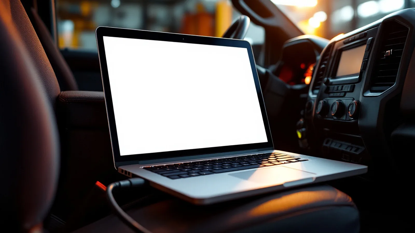 Diagnostic laptop connected to the OBD port of a heavy duty diesel pickup truck in an Irving TX service bay