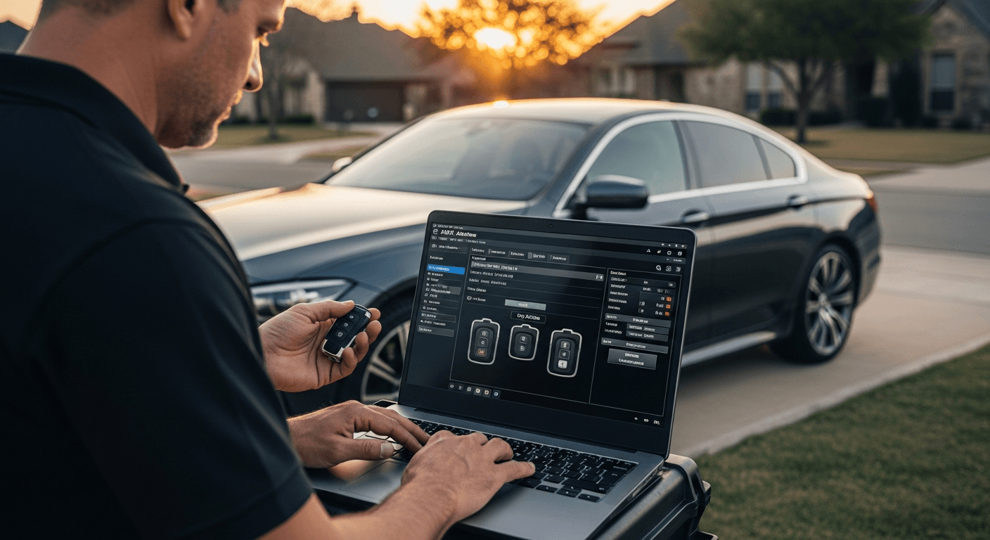 Mobile locksmith programming a BMW smart key with an OEM-level diagnostic scan tool in an Irving TX driveway