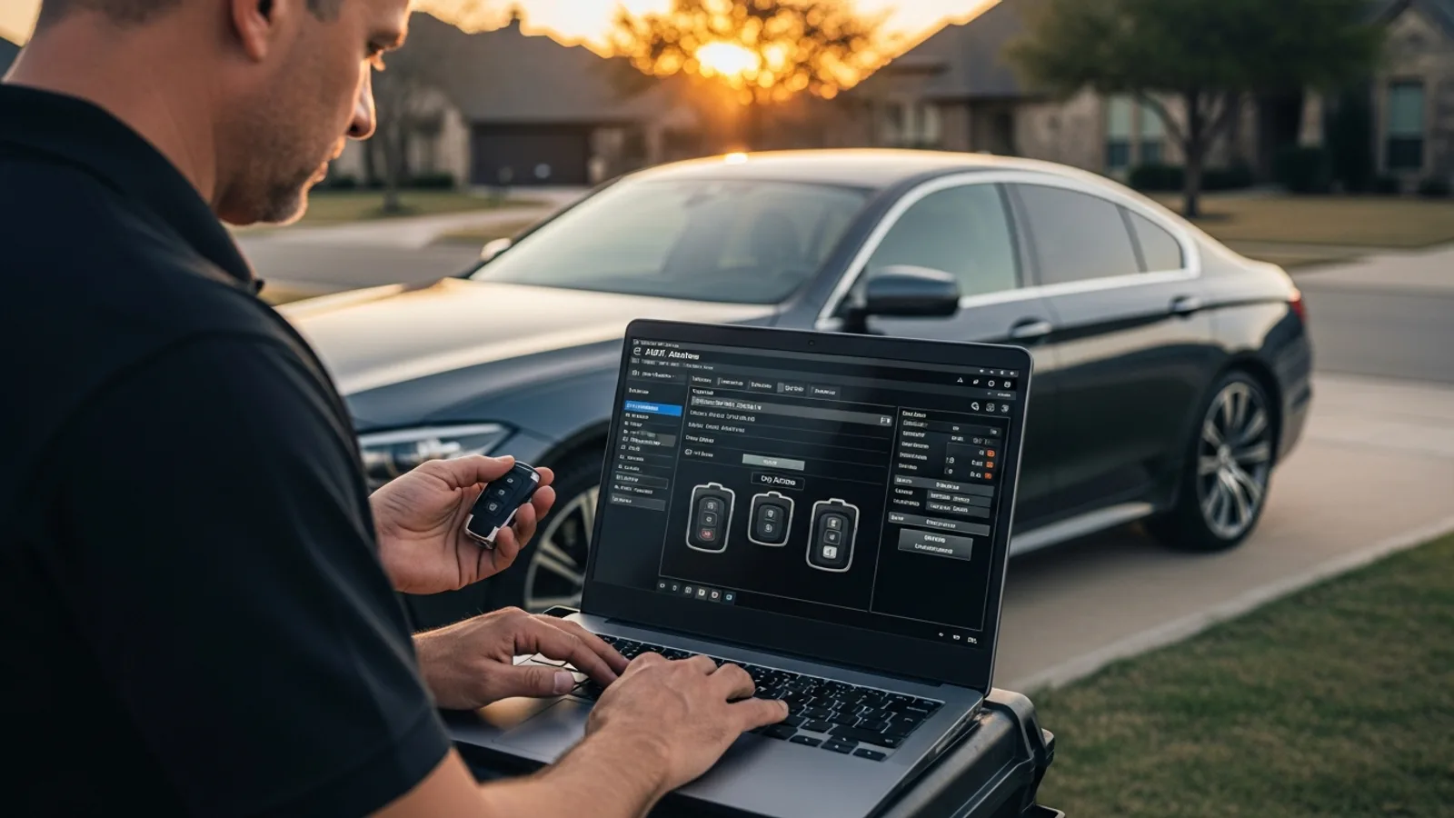 Mobile locksmith programming a BMW smart key with an OEM-level diagnostic scan tool in an Irving TX driveway