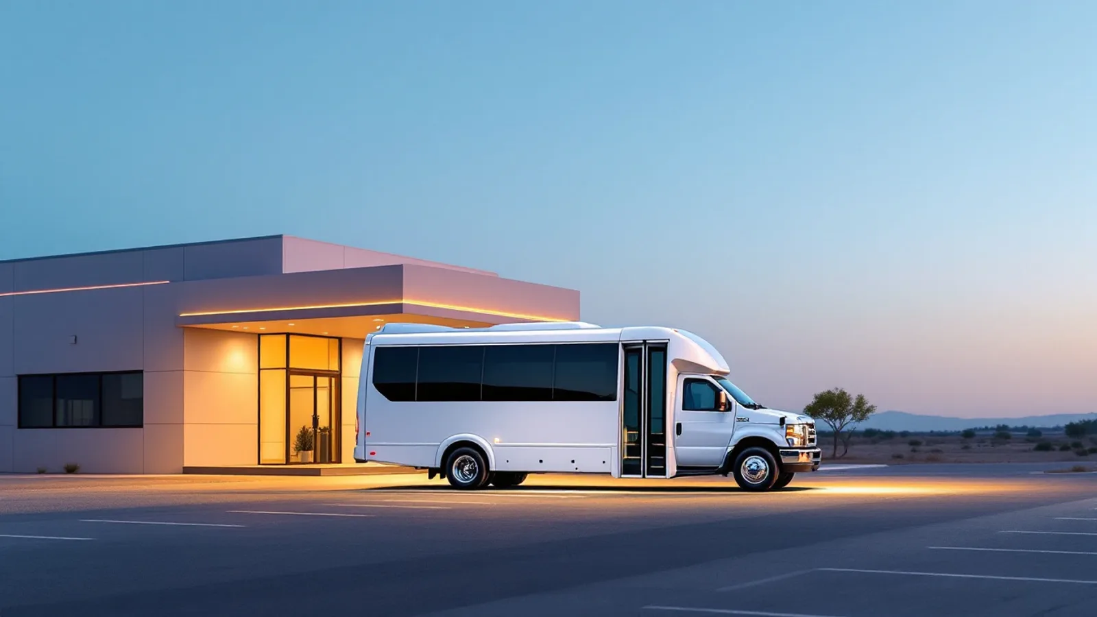 White cutaway chassis shuttle bus parked at a hotel entrance canopy in Irving TX at dawn