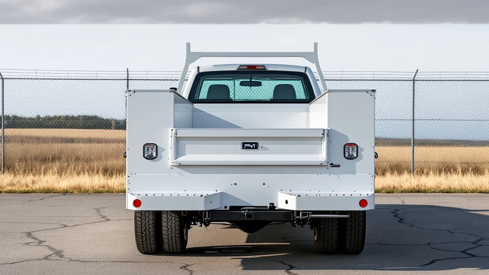 Ford chassis cab utility truck with a service body parked at a contractor yard in Grand Prairie TX