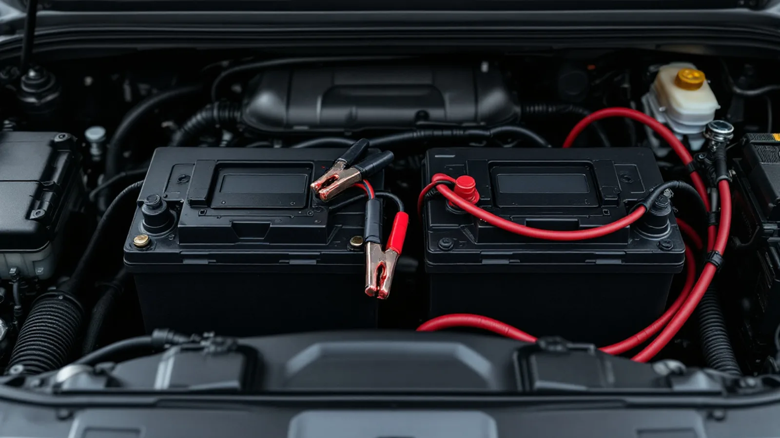 Open hood of a heavy duty diesel pickup showing dual batteries and jumper cables at a work yard in Irving TX