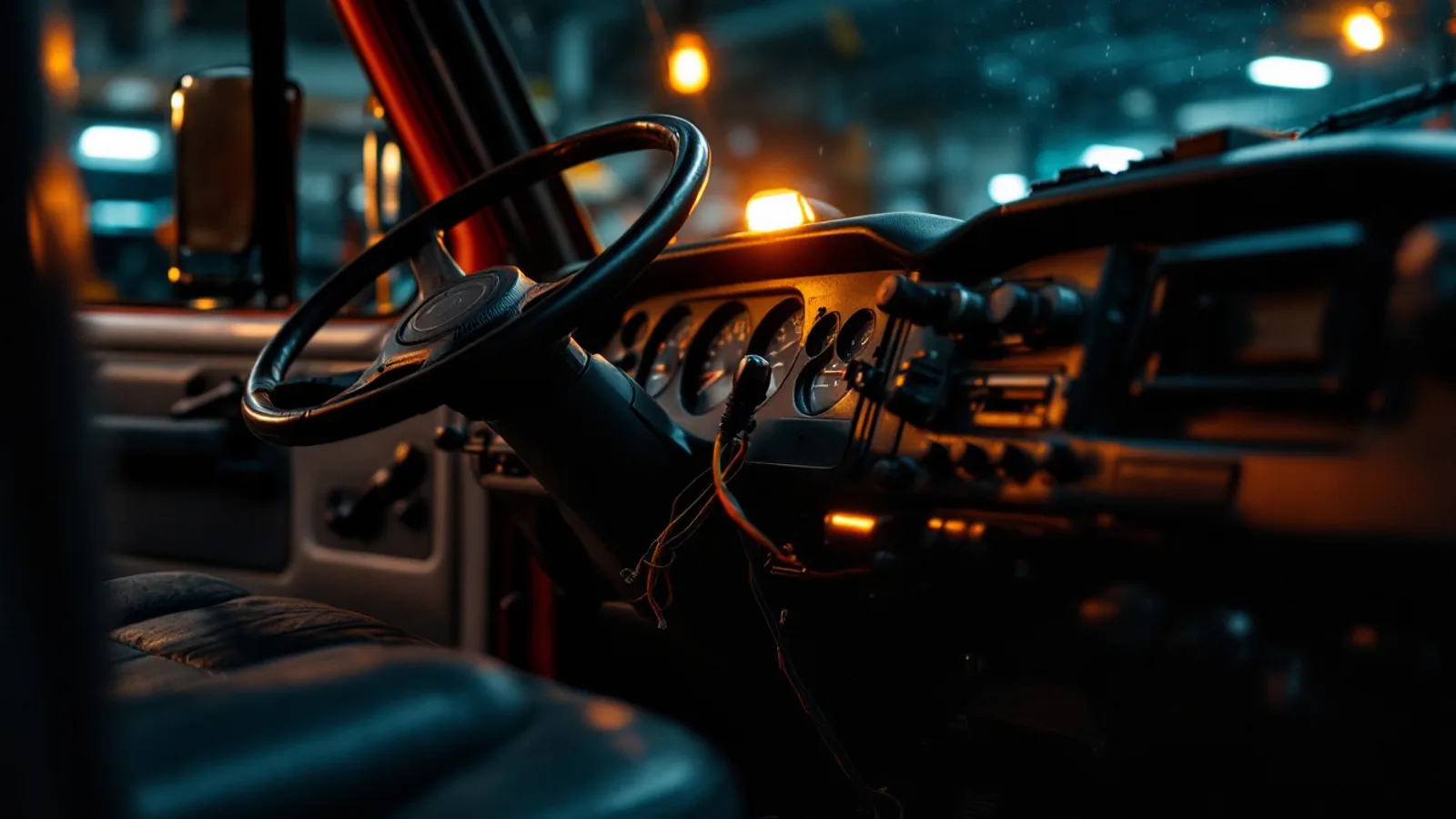 Technician examining the steering column ignition area of a heavy duty utility truck with a service body in Irving TX