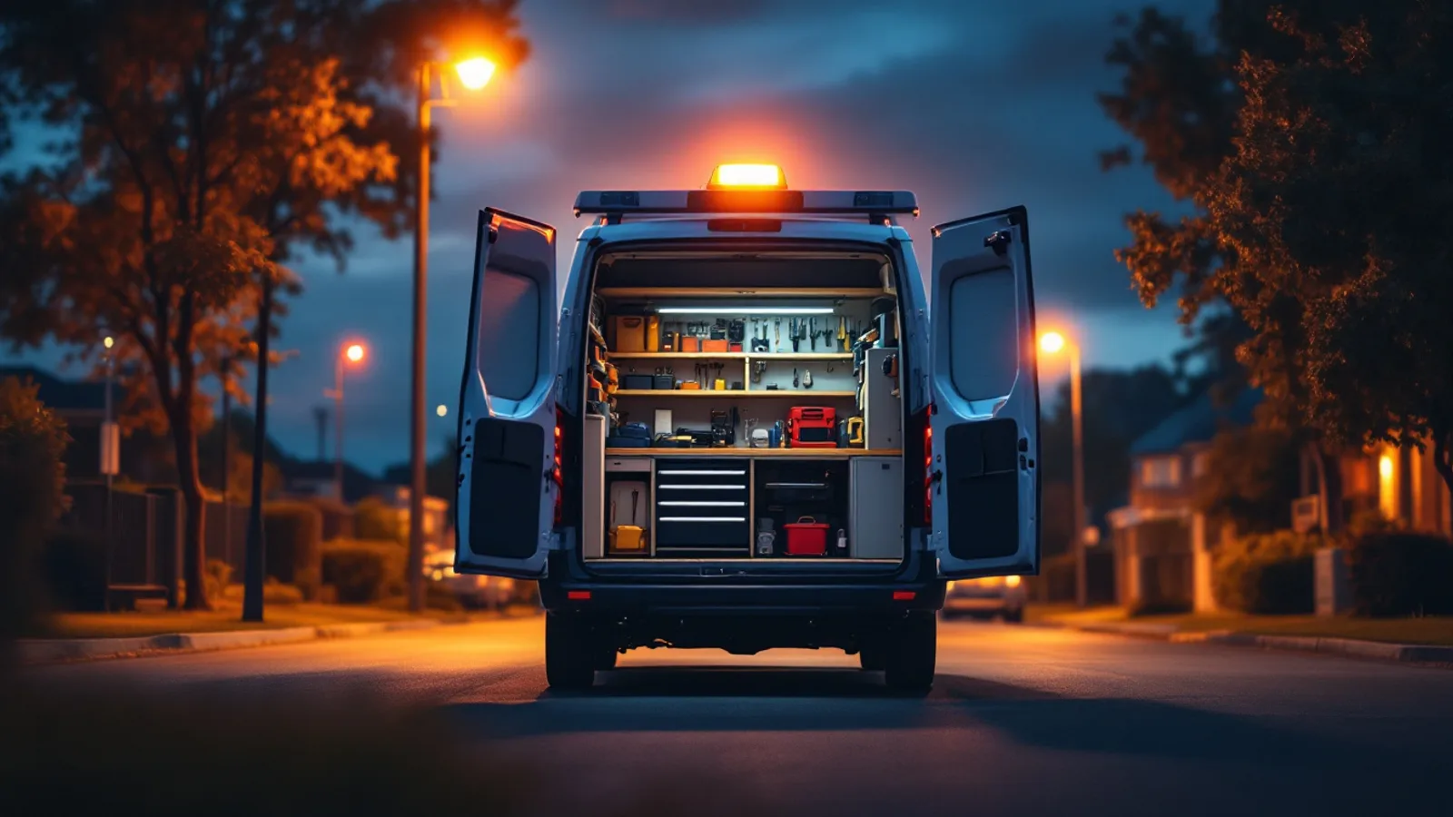 Mobile locksmith service van parked on a quiet residential street in Irving TX at dusk
