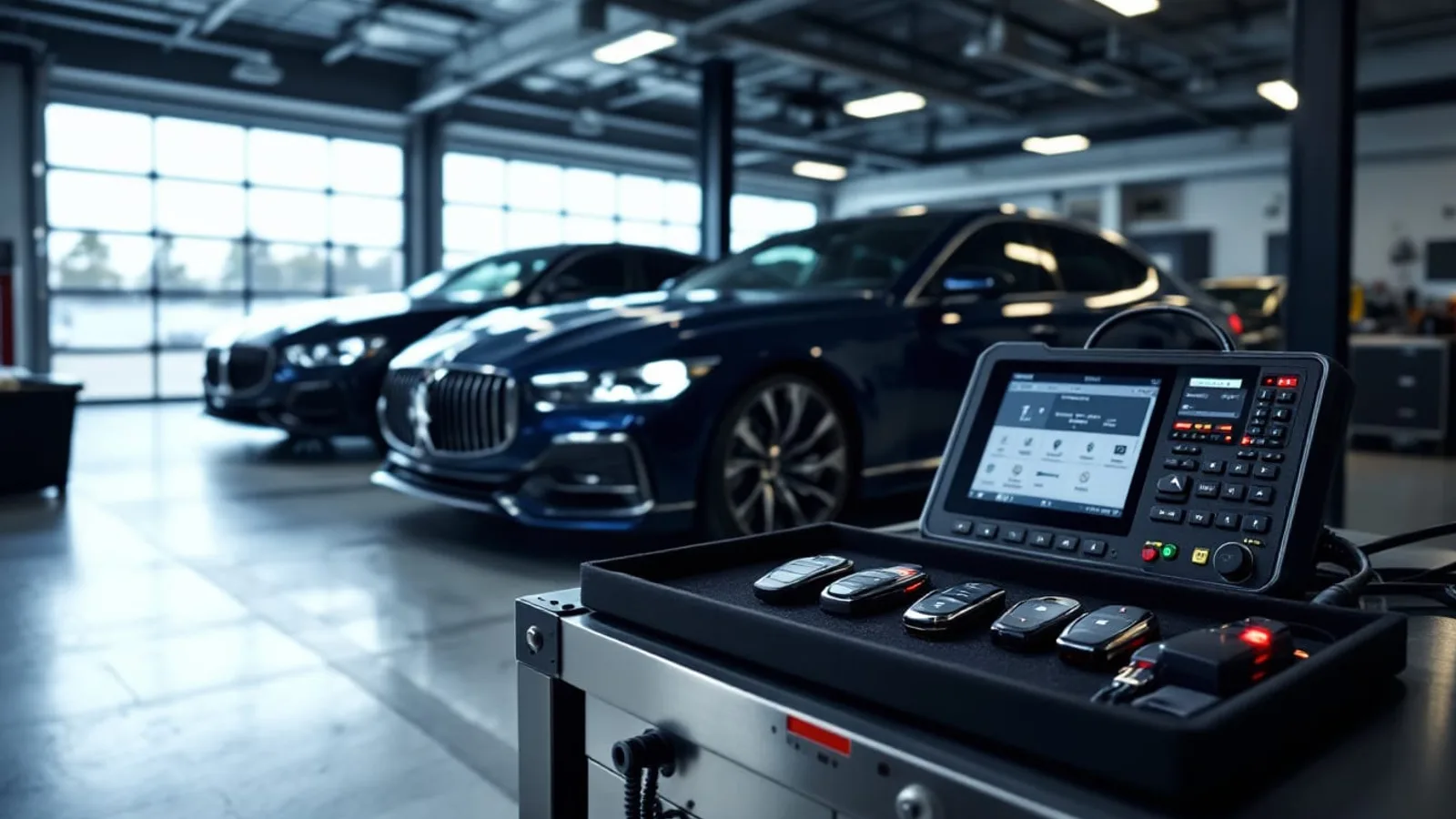 Locksmith programming a Mercedes smart key using AVDI diagnostic tool in an Irving service bay