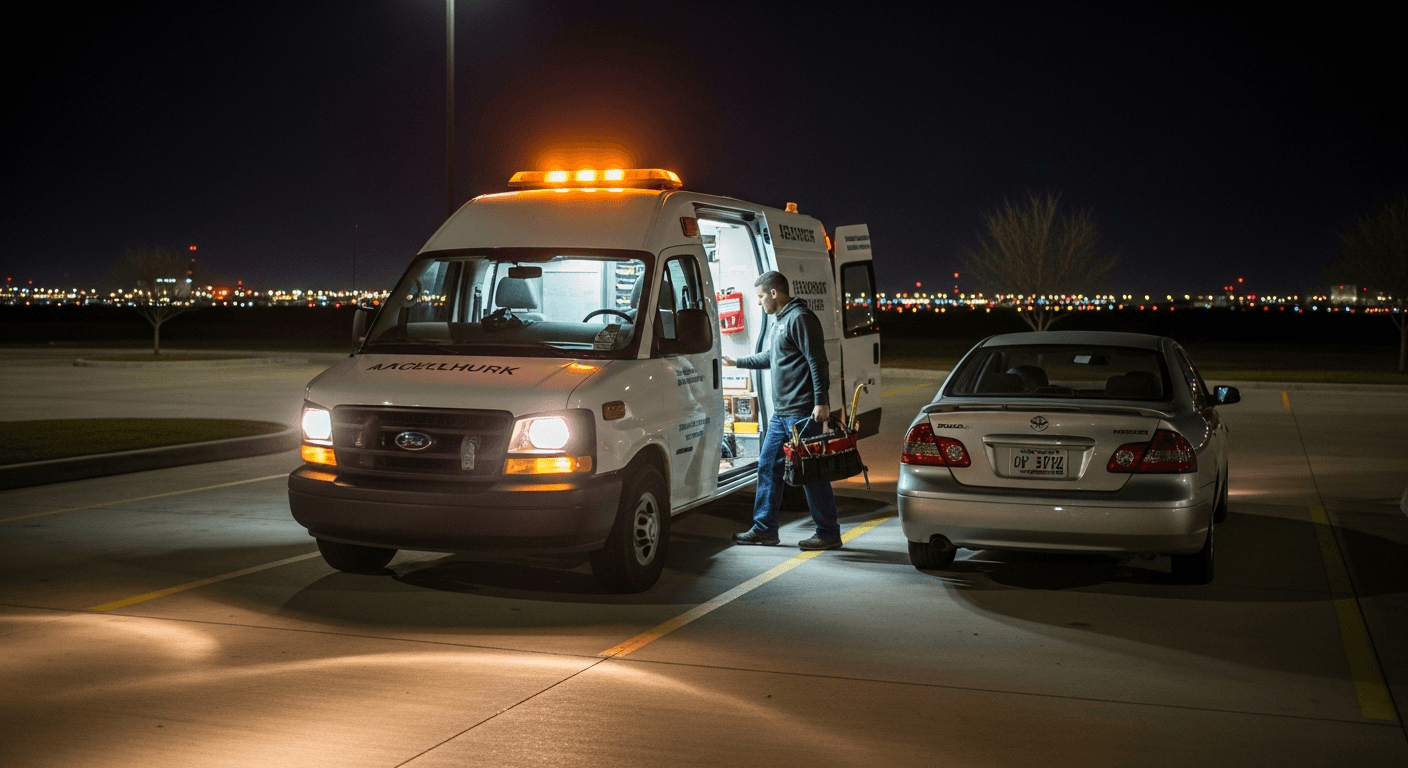 Irving TX locksmith van on a residential street at night, headlights on, technician approaching a front door with a lockout toolkit
