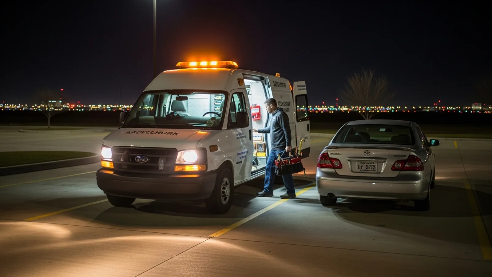 Irving TX locksmith van on a residential street at night, headlights on, technician approaching a front door with a lockout toolkit