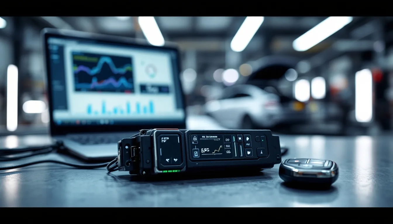 Mobile automotive locksmith diagnosing a Land Rover KVM module beside a Range Rover in Irving TX