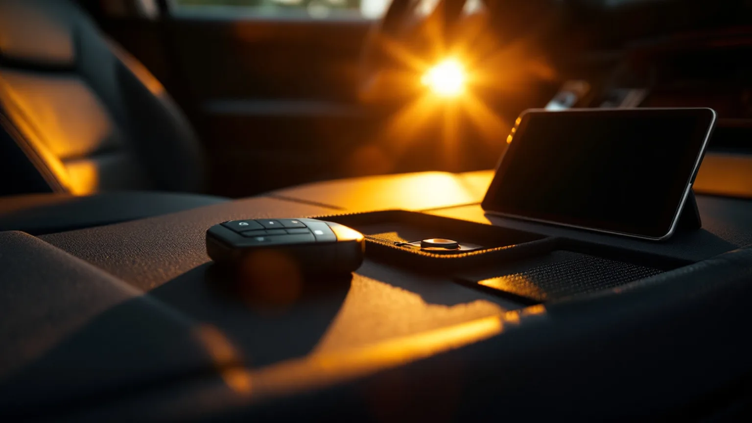 A plain proximity key fob resting on the center console of a large SUV at golden hour beside a diagnostic tablet