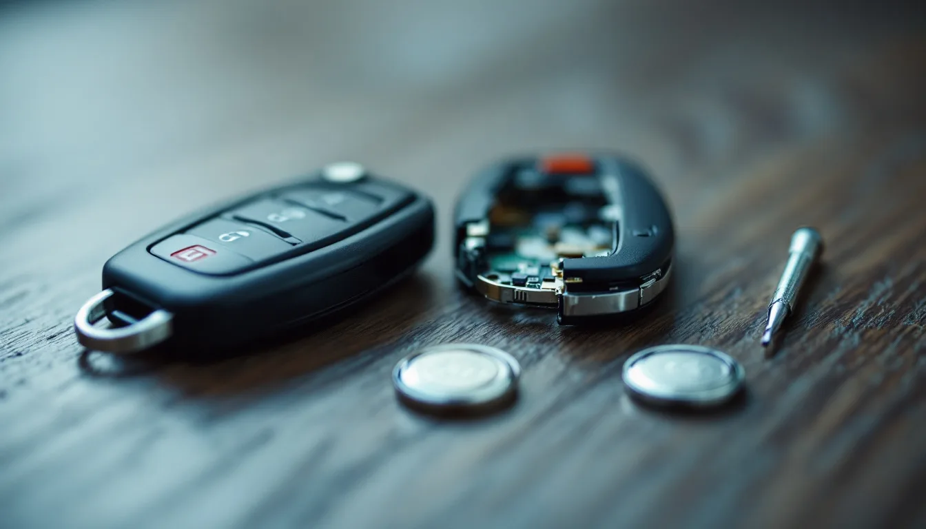 Mobile automotive locksmith checking a key fob after a CR2032 battery replacement in Irving TX