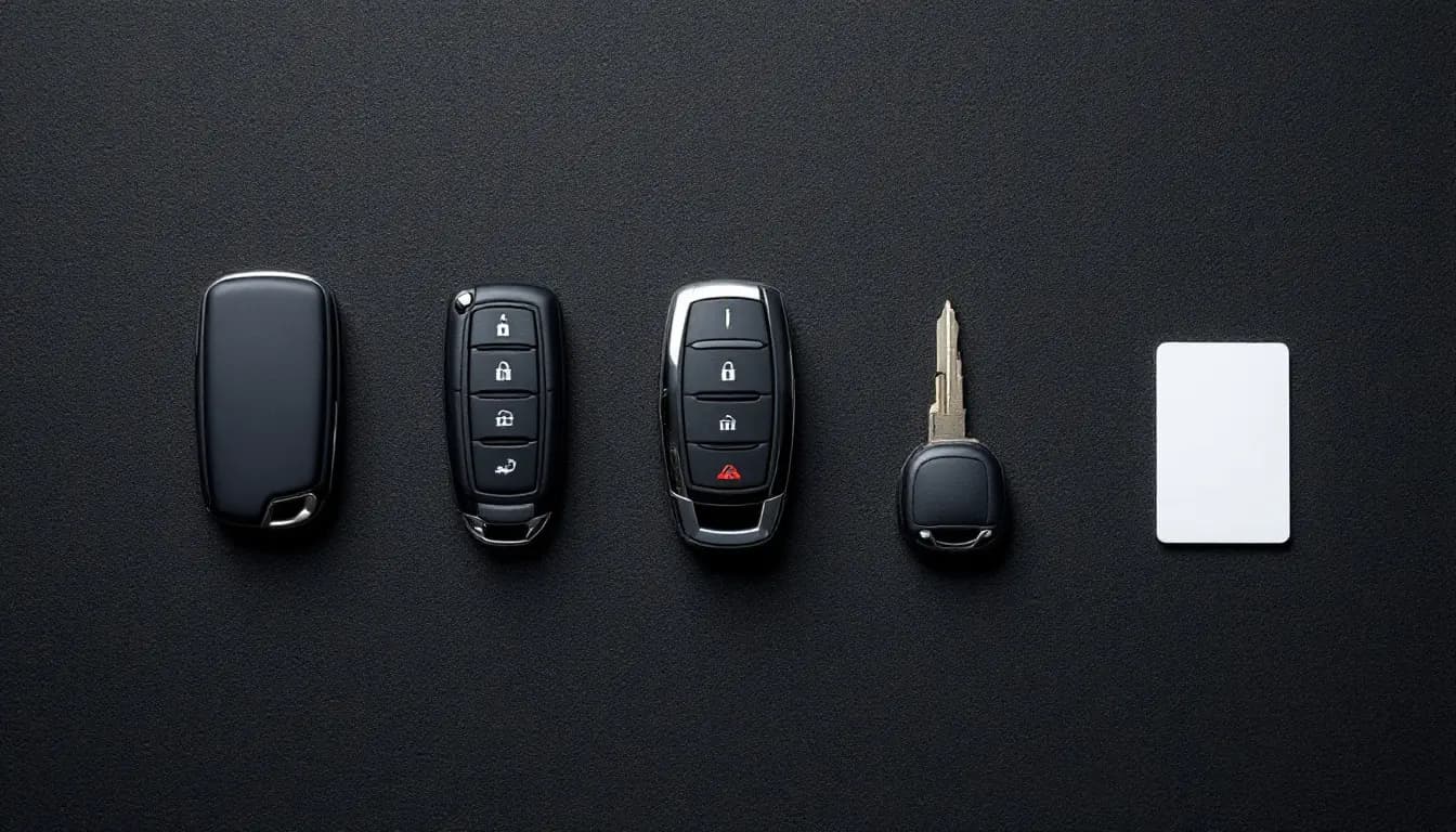 Five car key fob types laid out for comparison before mobile programming in Irving TX