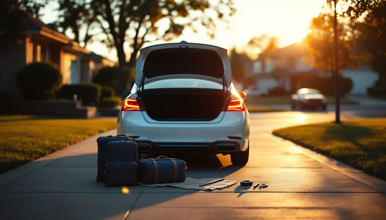 Open car trunk with luggage in a driveway in Irving TX after a locksmith retrieved keys locked inside