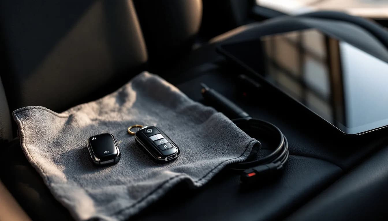 Mobile automotive locksmith programming a Lexus Smart Access proximity key beside an RX in a driveway in Irving TX