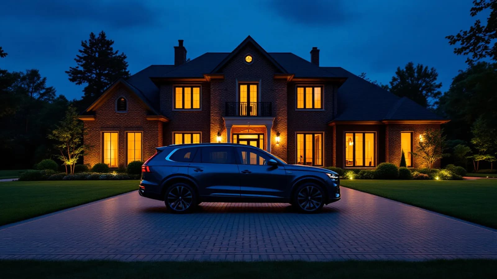Full-size luxury SUV parked on a residential driveway in Irving TX at dusk with interior lights on