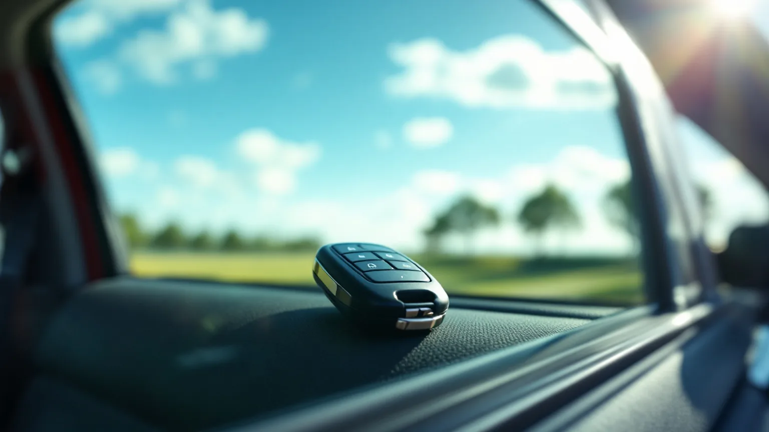 A plain car key fob left on the dashboard of a locked car on a sunny Irving afternoon