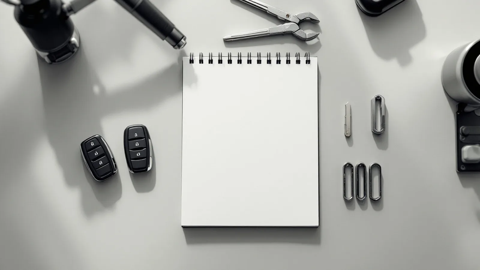 Overhead flat lay of blank car key fobs, uncut key blanks and locksmith hand tools on a pale work surface