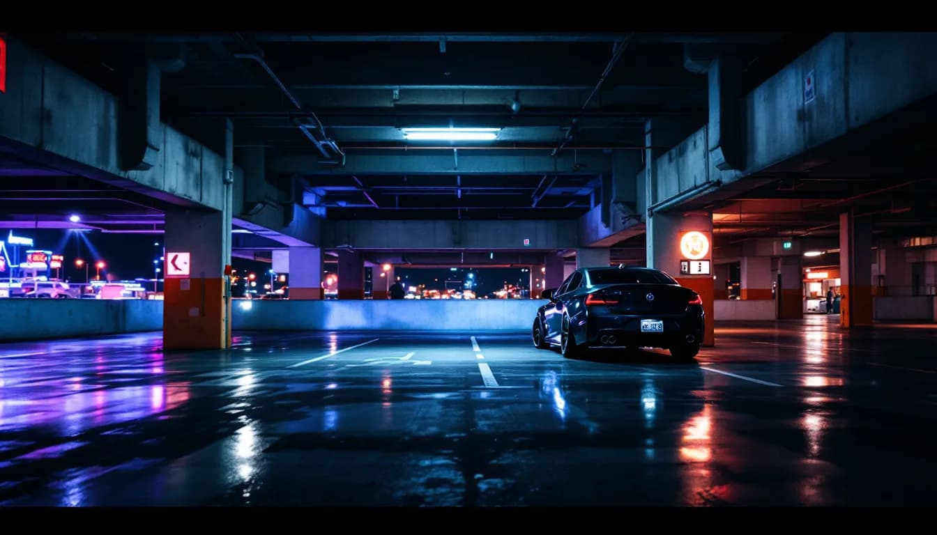 Concertgoer searching for lost car keys in a parking garage near the Toyota Music Factory entertainment district in Irving TX at night