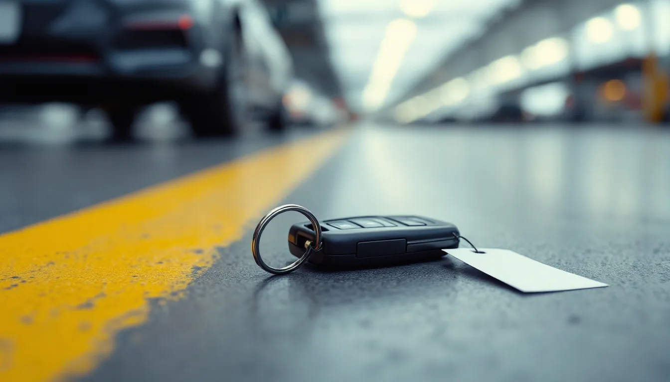 Traveler standing beside a rental car in an Irving TX parking lot after losing the key fob
