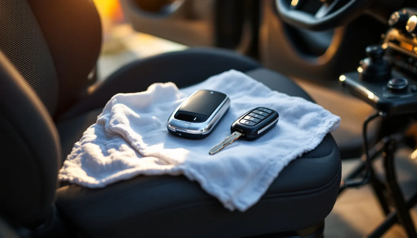 Mobile automotive locksmith programming a Mazda push-start key fob next to a CX-5 in a driveway in Irving TX