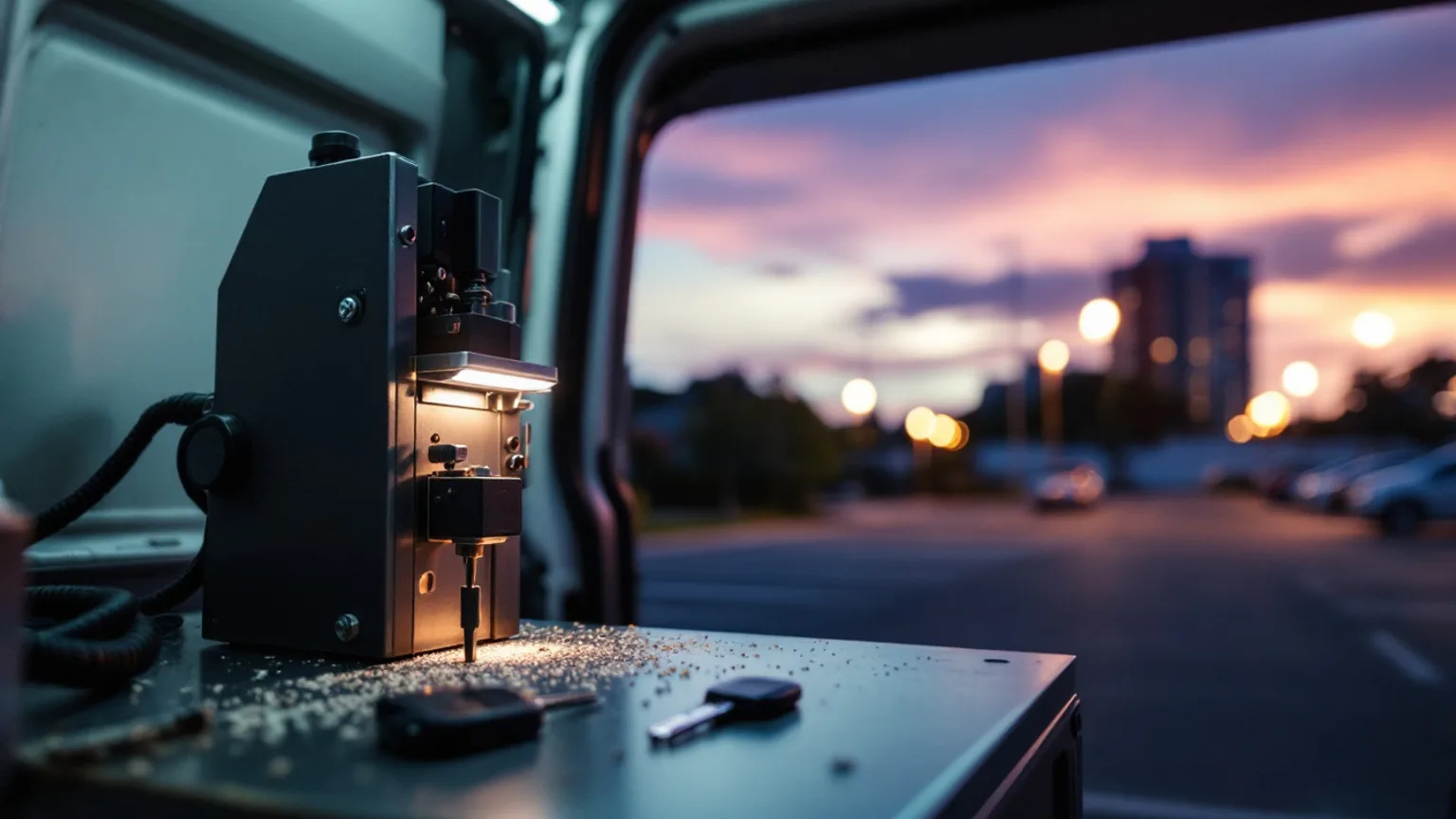 A benchtop key cutting machine inside a mobile locksmith van at dusk beside an apartment parking lot in Grand Prairie