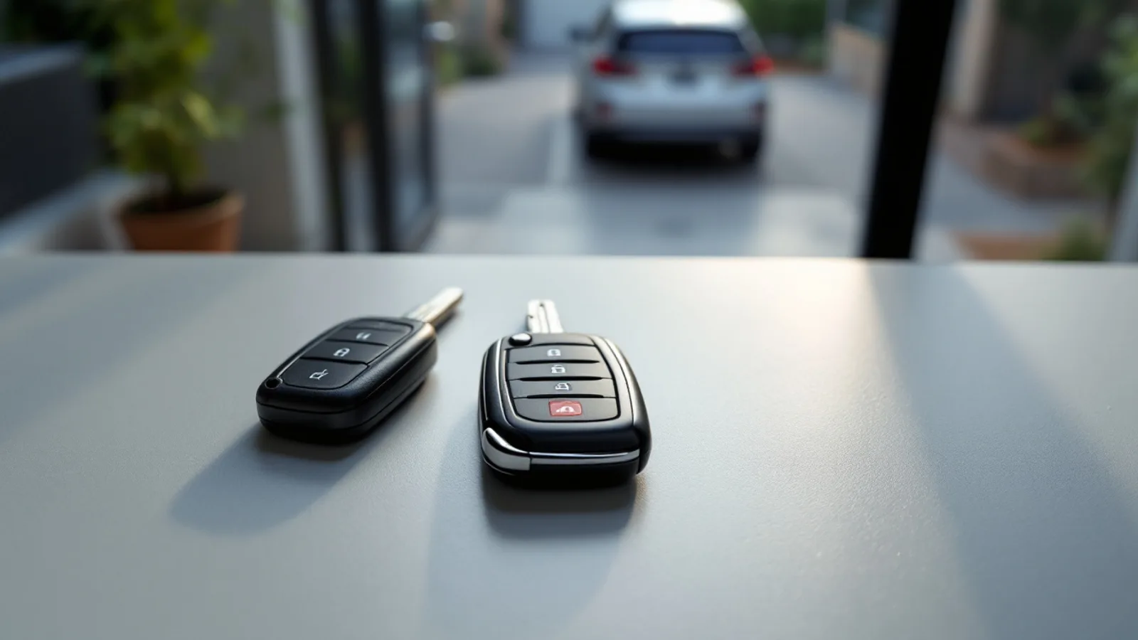 Two car keys on a kitchen counter in Irving TX with one set aside and a vehicle visible through the window