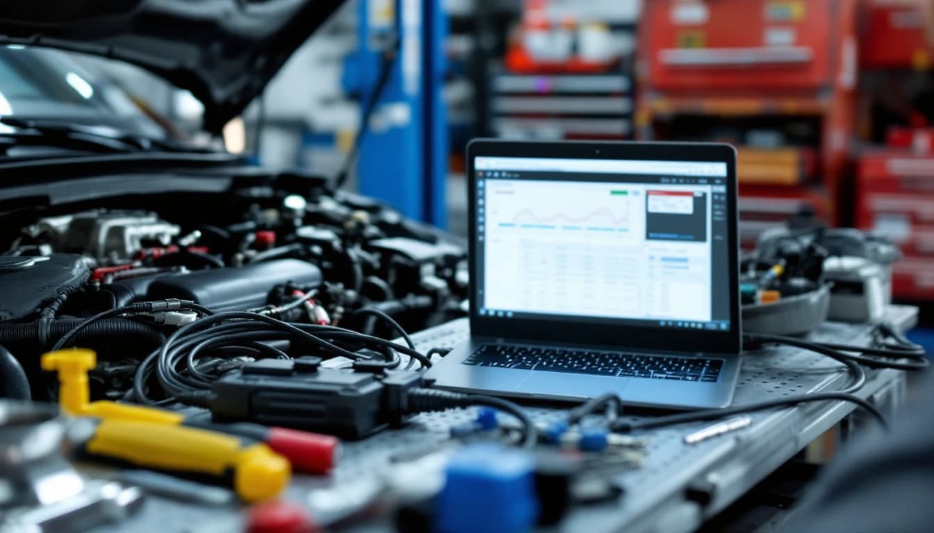 Mobile technician connecting a J2534 pass-through programmer to an OBD-II port to flash a replacement PCM in Irving TX