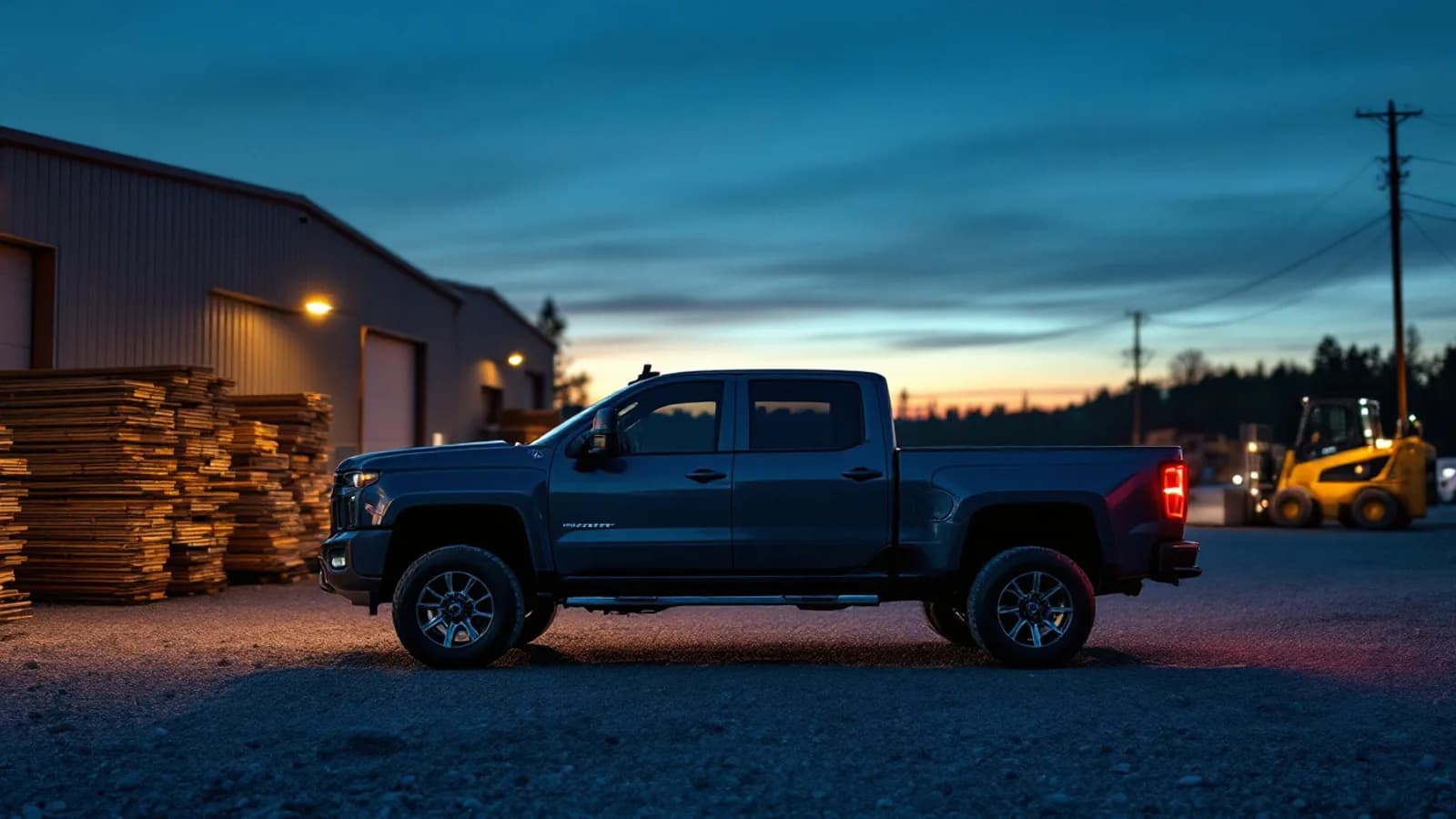 Heavy duty Ram pickup truck parked at a contractor equipment yard in Irving TX at dusk