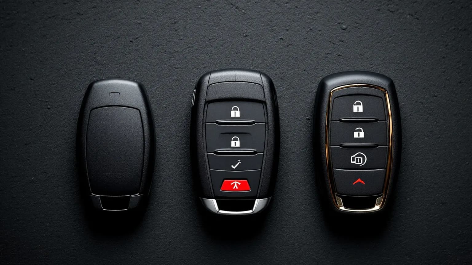 Three unmarked replacement car key fobs arranged side by side on a workbench in Irving TX