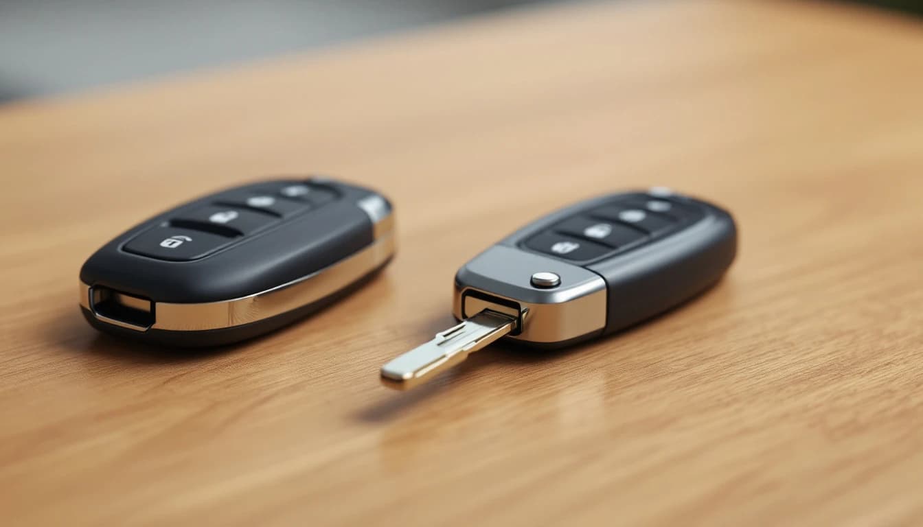 A newly cut and programmed spare car key held next to a vehicle in Irving TX
