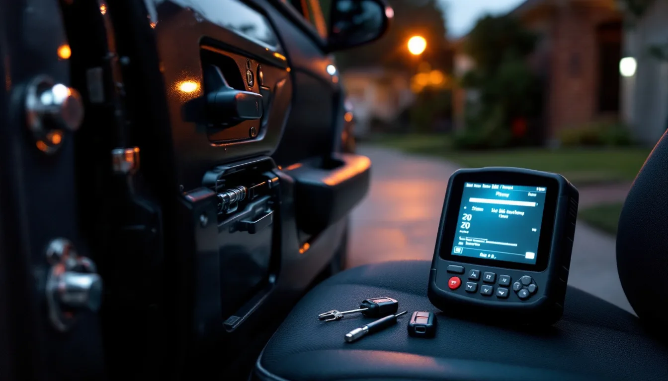 Mobile locksmith deleting a stolen key from a vehicle immobilizer with a diagnostic tool in an Irving TX driveway