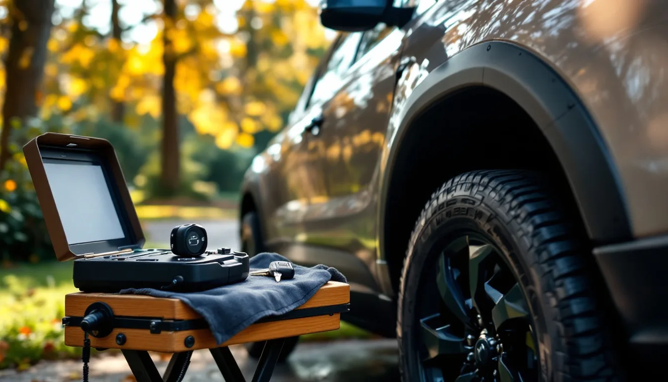 Mobile automotive locksmith programming a Subaru transponder key beside an Outback in a driveway in Irving TX