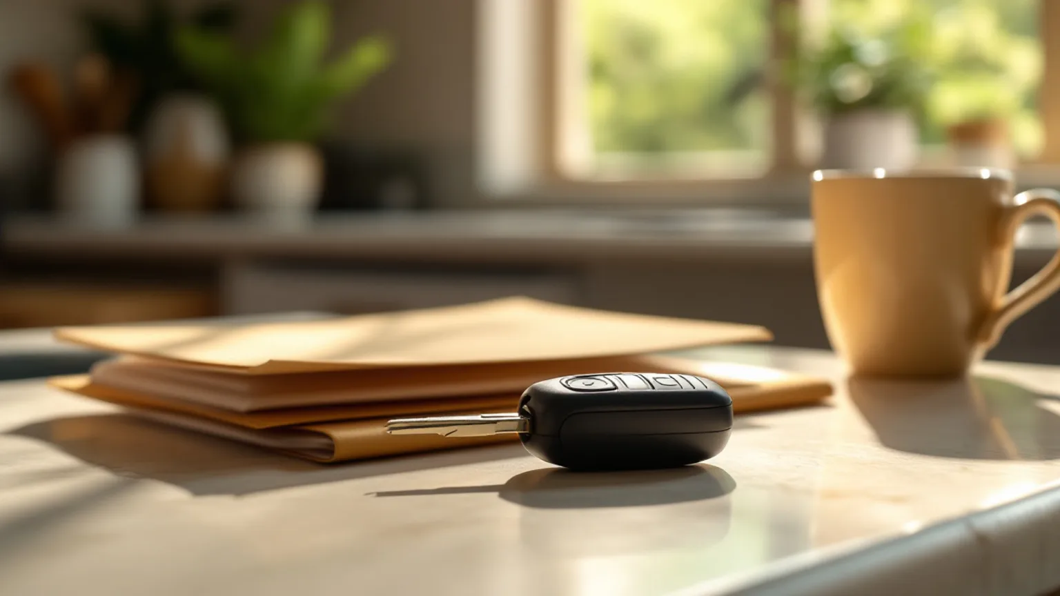 A plain unmarked car key fob on a kitchen counter beside a new driver permit folder in an Irving home