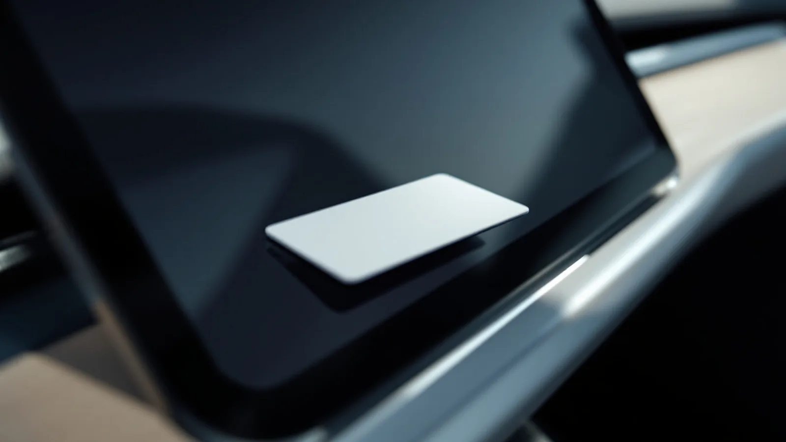 White Tesla key card resting on the centre touchscreen of an electric car interior