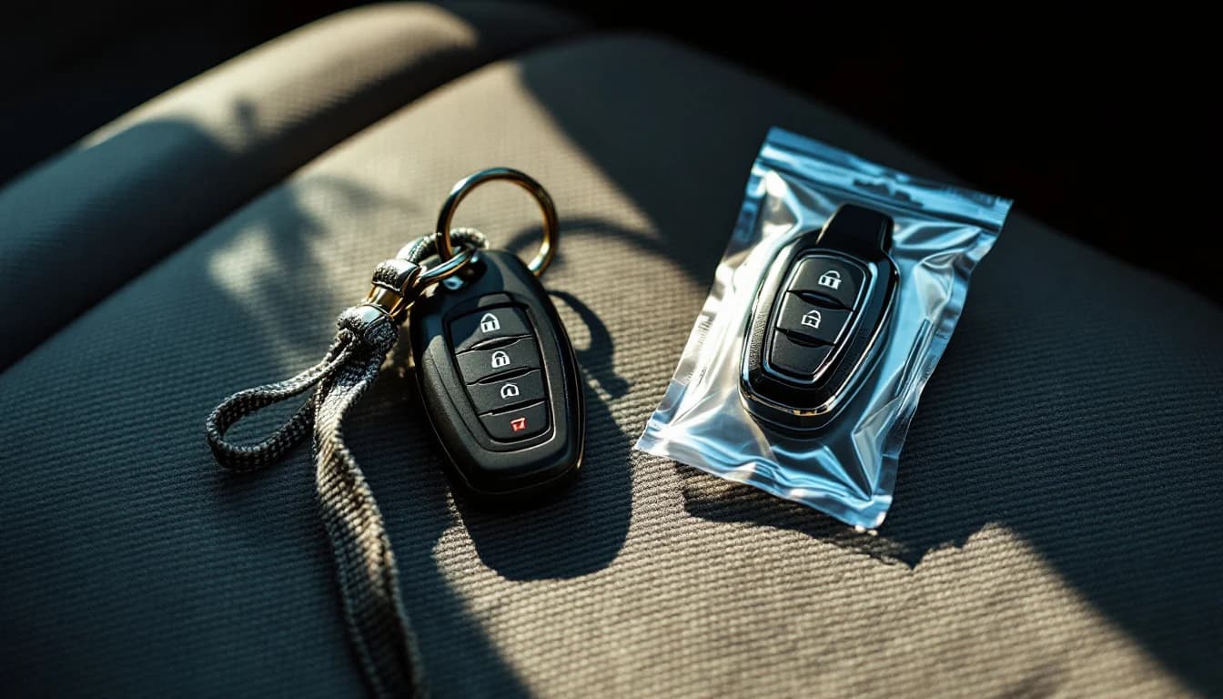 Automotive locksmith cutting and programming a spare Toyota smart key next to a Highlander in Irving TX