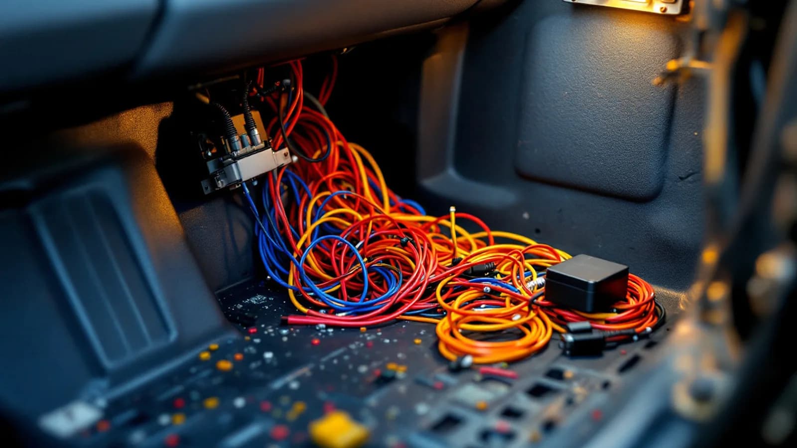 Utility bed work truck at a Las Colinas jobsite with the driver kick panel removed exposing an aftermarket wiring harness bundle