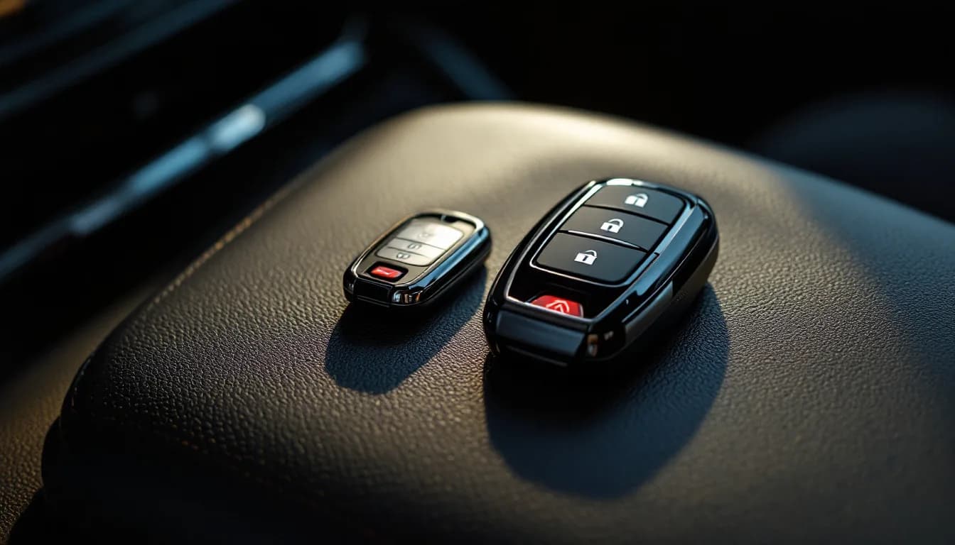 Gray valet key beside a master key fob on a car console in Irving TX showing the trunk lockout difference