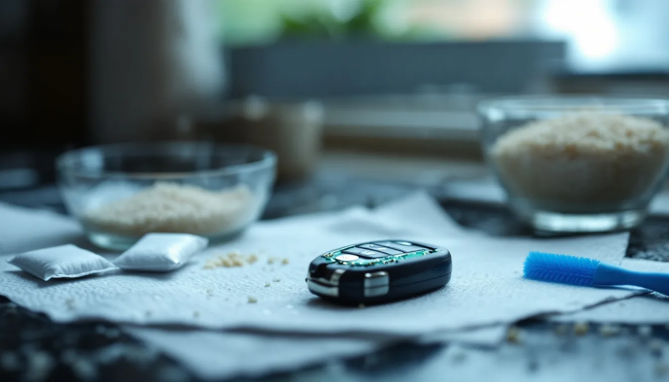 Disassembled water-damaged car key fob drying next to its circuit board on a workbench in Irving TX