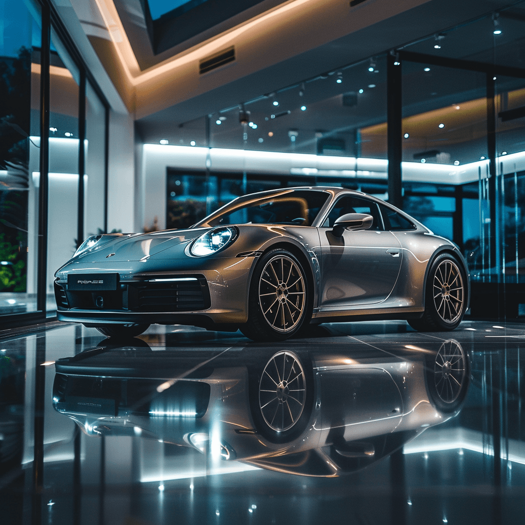 Porsche 911 in a luxury showroom for smart key replacement service