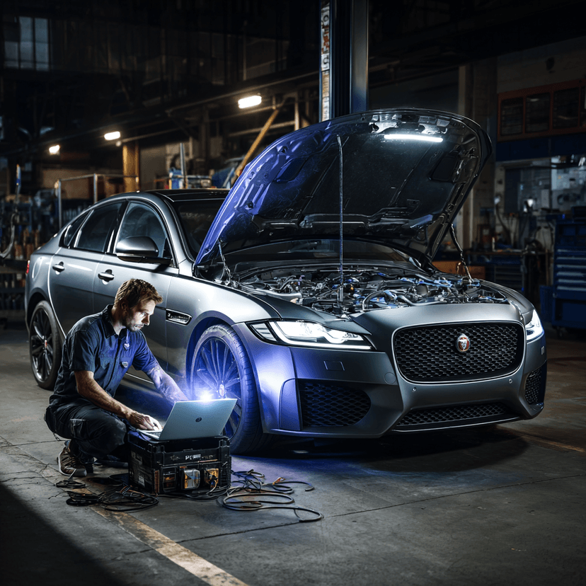 Automotive technician diagnosing Jaguar with laptop for European car key service
